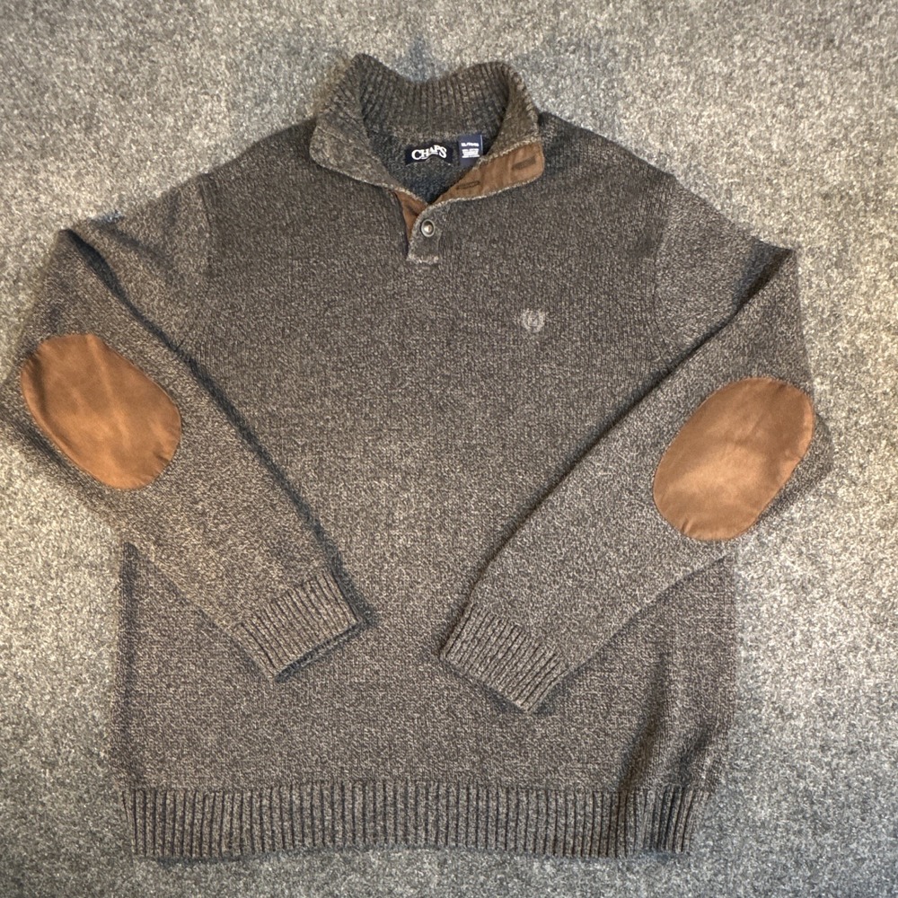 Chaps Men's Pullover Sweater Brown XL, 1/4 Button, Elbow Patches (A1205)
